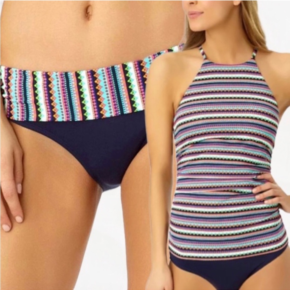 Anne Cole NWOT Friendship Bracelet High-Neck Tankini Top Fold-Over Bikini Bottom